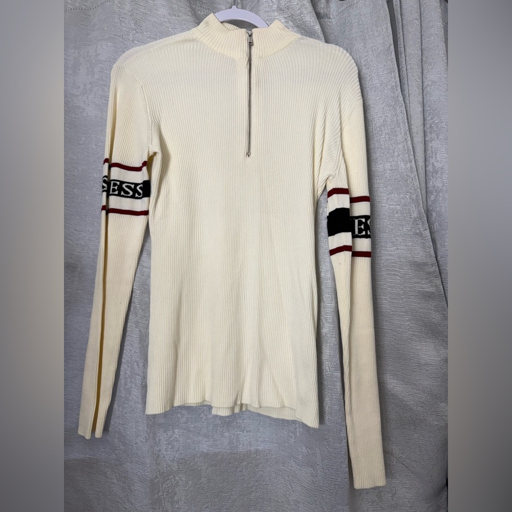 Guess Ivory Ribbed Zip-Up Sweater
